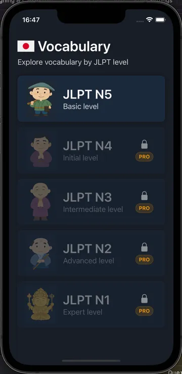 Saru app — JLPT N5 vocabulary list